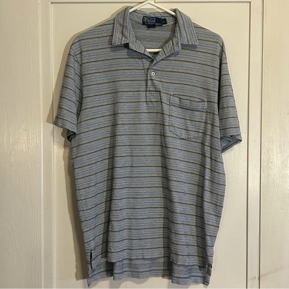 Polo Ralph Lauren Men's Polo Shirt Blue Pima Cotton Stripe Pocket Short Sleeve